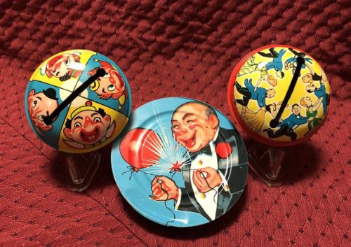 3 vintage New Years U.S. Metal Clown, Party Goers, Man w/Balloons Noise Makers