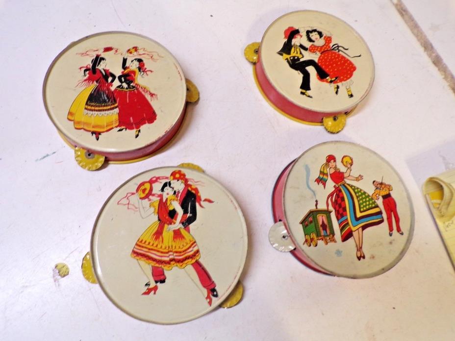 4 Old Lithographed Metal Child's Toy Tambourines