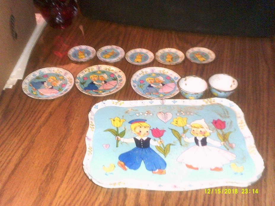 Vintage J.Chein Play Tin Dutch TrayPlates, Cups, Saucers   11 pieces USA