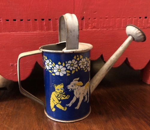 Antique Germany Child's Toy Miniature Doll Tin Watering Can Dogs & Teddy Bear