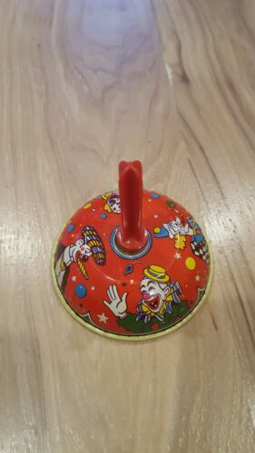 Vintage Tin Litho Metal Noise Maker Party Bell Cigar Smoking Clown Red