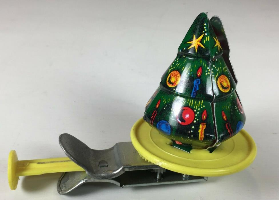 Vintage Spinning Toy Tin Litho Christmas Tree Push & Spin reveals Santa - JAPAN
