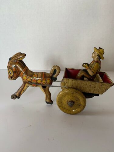 MARX WIND UP TIN LITHO CART WITH DRIVER AND DONKEY WORKING VINTAGE USA