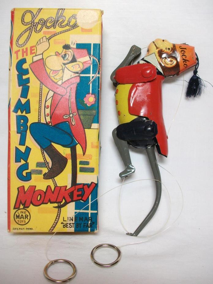 Vintage 1950’s Linemar/Marx Jocko The Climbing Monkey Tin Litho Toy W/ Box Works