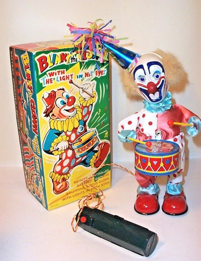 MINT 1950's BATTERY OPERATED BLINKY THE CLOWN WITH DRUM TIN LITHO TOY MIB JAPAN