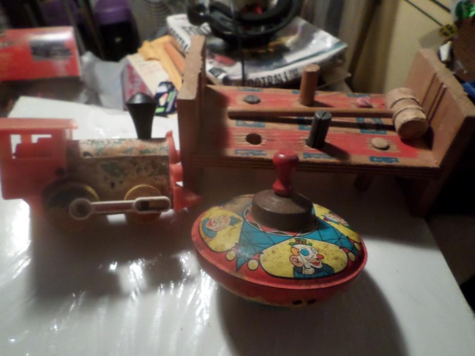 Vintage toys lot of 3 Spin Top Toot-Toot Train Hammer Wooden spikes into table