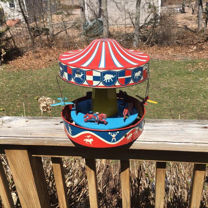 Vintage Wolverine Tin Litho Carousel Mechanical Toy Merry Go Round Made USA