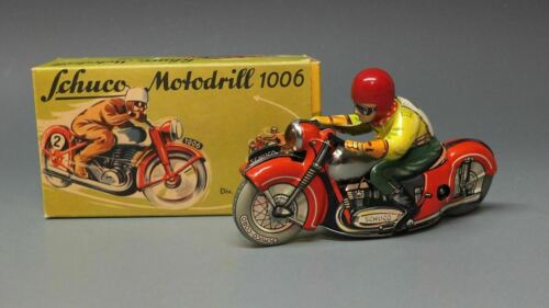 SCHUCO FACTORY ERROR MOTODRILL 1006 MOTORCYCLE TIN WIND UP TOY & BOX