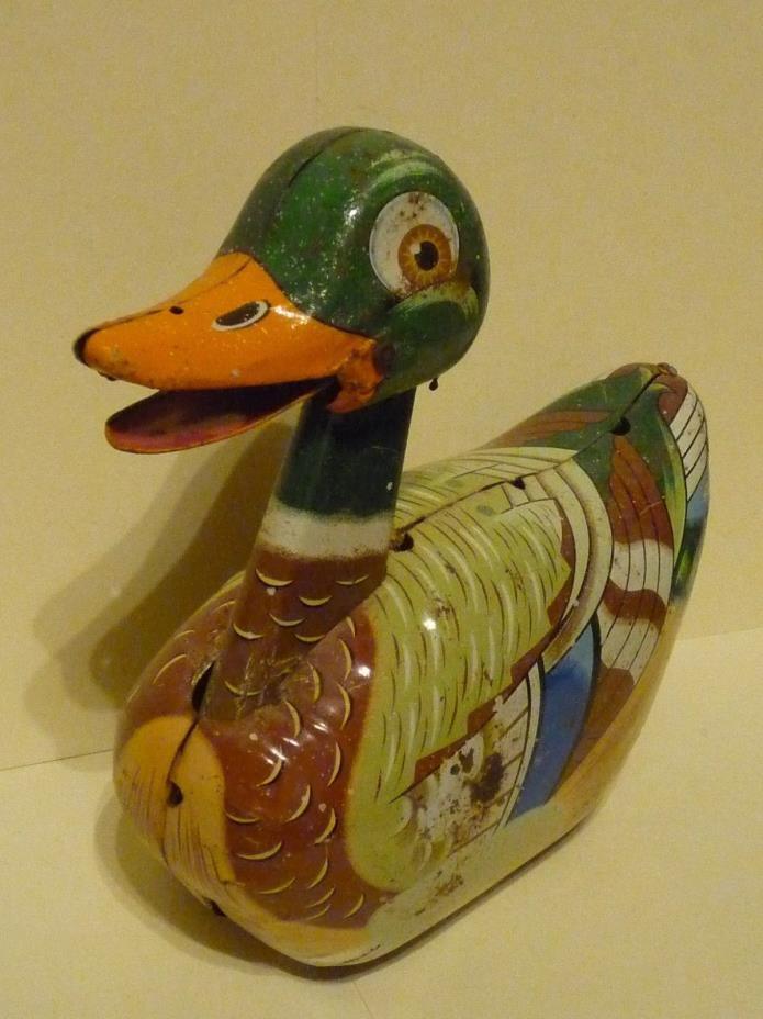 Vintage Large Lithographed Tin Friction Toy Duck Made in Japan