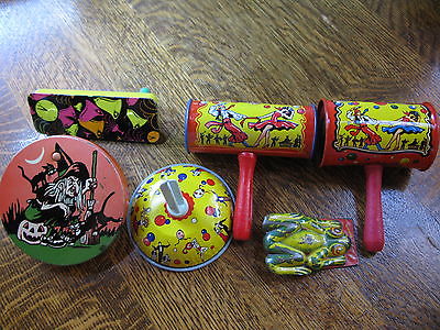 Vintage Noisemakers x6 US Metal Kirchhof Party New Year's Halloween Clicker Toys