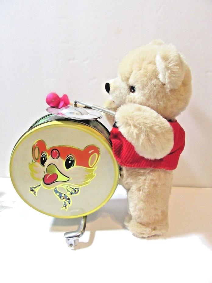 TEDDY BEAR PLAYING DRUM CYMBAL RARE BATTERY OPERATED TOY TIN LITHO VINTAGE