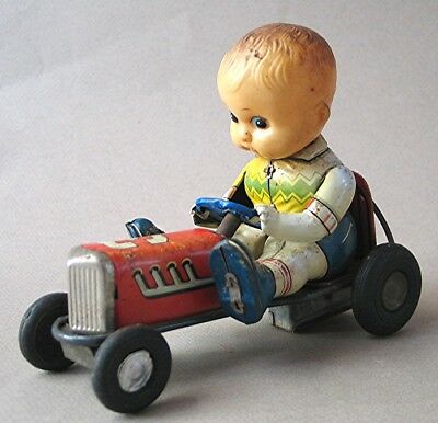 Vintage  Young Boy in Go Cart - Friction Tin Toy - Made in Japan