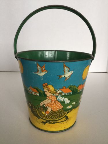 Antique Vintage T. Cohn Tin Litho Sand Pail Graphics Of Children At Play