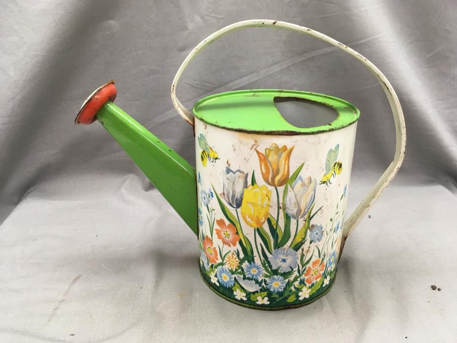 Vintage Ohio Art Metal Watering Can Tulips & Bees Green & Red Paint