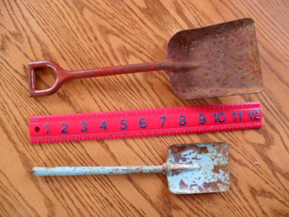 2 VINTAGE METAL CHILD'S PLAY SHOVELS - RUSTY BUT VERY SOLID!