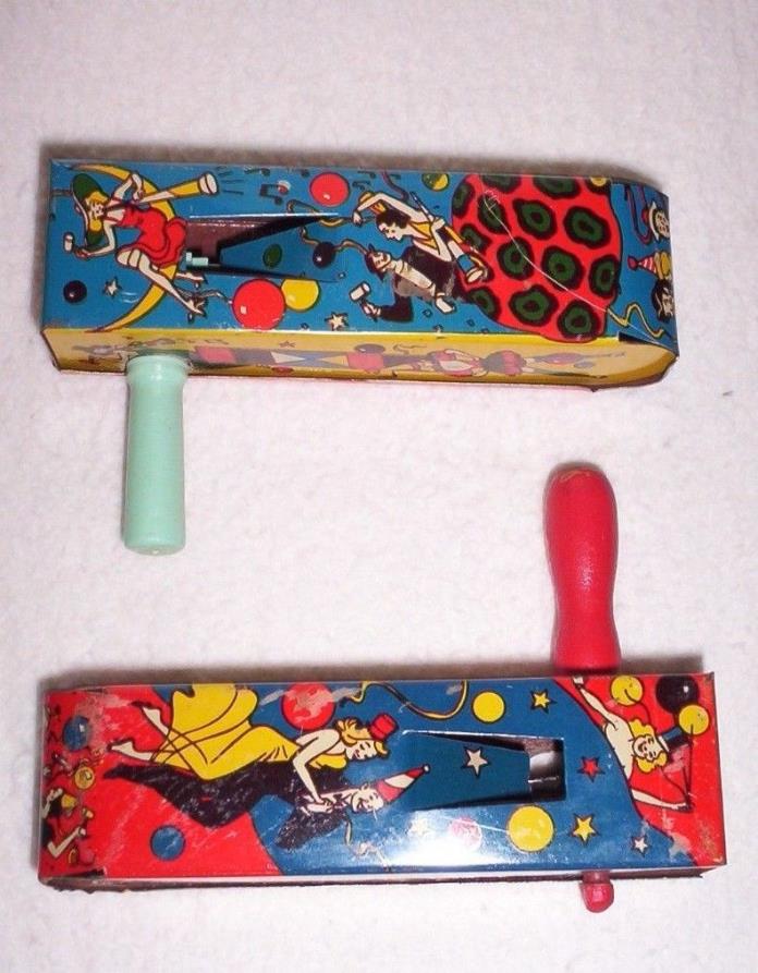 2 Vintage Tin Lithograph New Years Eve Noise Makers US Metal Toy Mfg Co NY