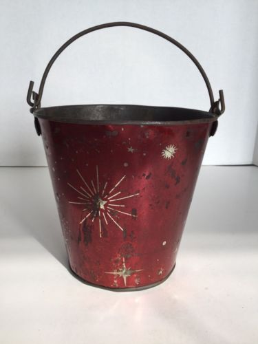 Antique Vintage Tin Litho Sand Pail Red With Silver Stars