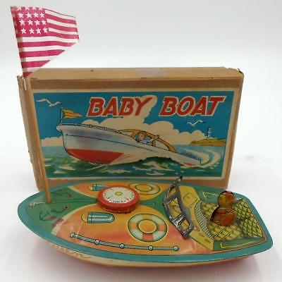 Vintage 1950's Japanese Tin Speedboat Rattle-Baby Queen Boat in Box