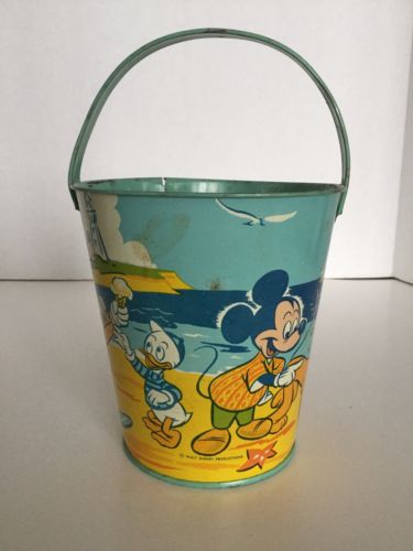 Vintage 1950s Disney Characters Litho Sand Pail J Chein Beach Theme