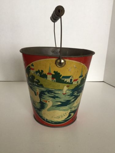 Antique Vintage Tin Litho T. Bros Sand Pail Pond W/ Sail Boat, Ducks, & Houses
