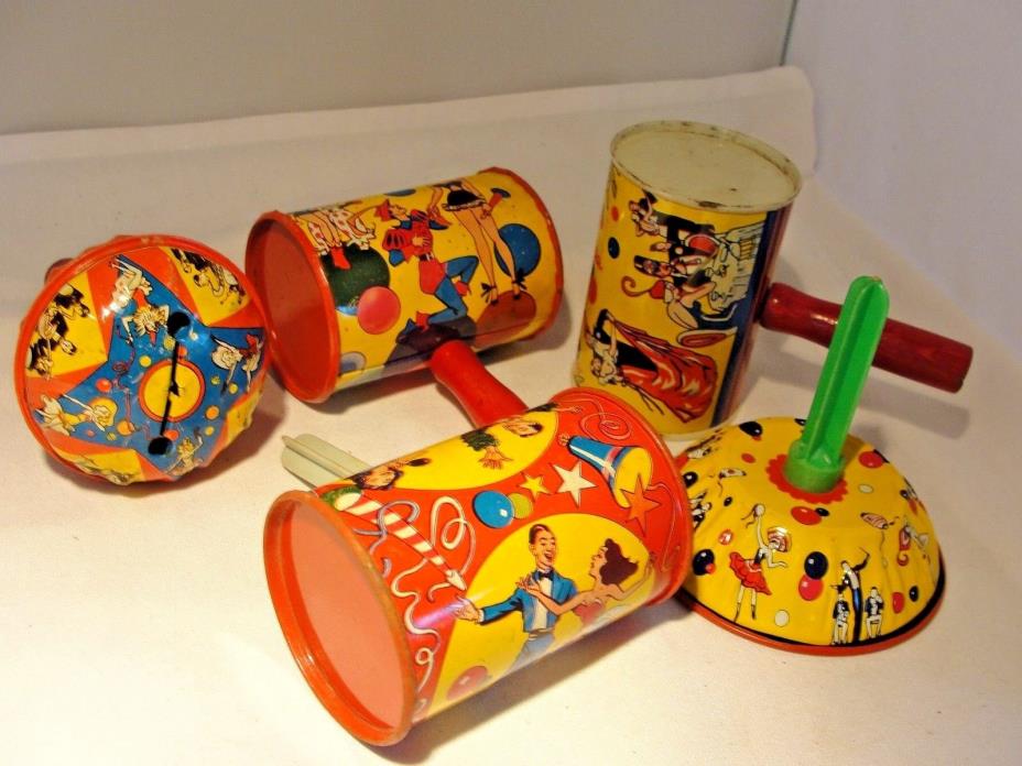 5 VINTAGE NOISEMAKERS - ALL US METAL TOY MFG CO - TIN - SEE PHOTOS - A1342