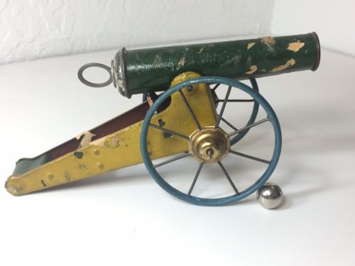 Vintage Toy Tin Litho Cannon Spoke Wheels Spring Loaded Marble Shooter