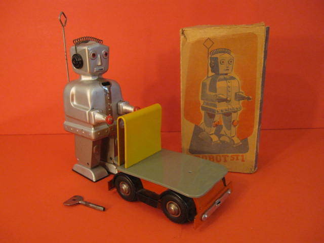 ALL ORIGINAL STRENCO ST-1 ROBOT WITH CART AND ORIGINAL BOX GERMANY 1956
