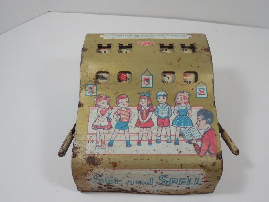 VINTAGE WOLVERING SEE AND SPELL RETRO DECOR CHILDREN WORKING TIN MECHANICAL TOY