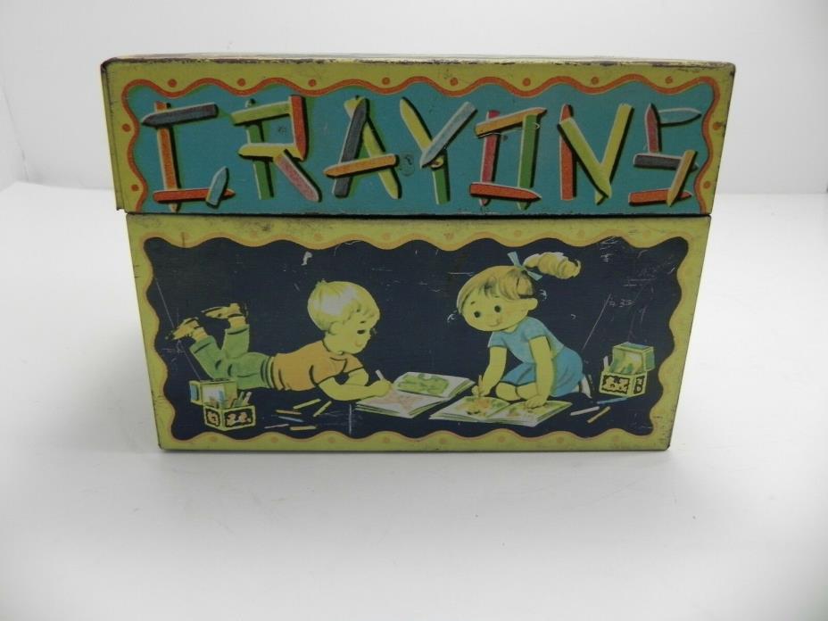Vintage J. CHEIN & CO. Colorful Toy CRAYONS Tall Tin Box 4 1/2