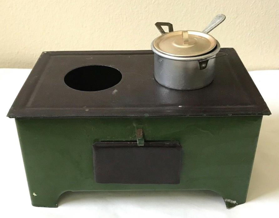 Antique Vintage Green Black Tin Metal Toy Doll Stove + Oven w/Pot, Ladle + Lid