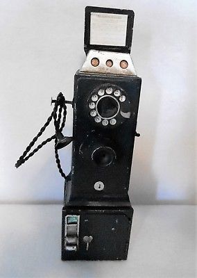 Vintage Handcrank Telephone, Phone Booth Style Tin  Bank, 10 1/2