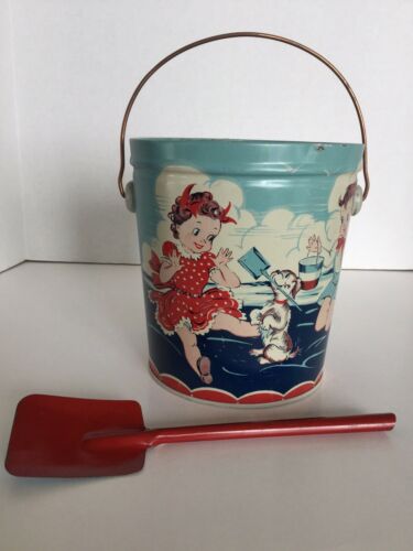 Vintage Tin Litho Sand Pail And Shovel, Children Playing At The Beach