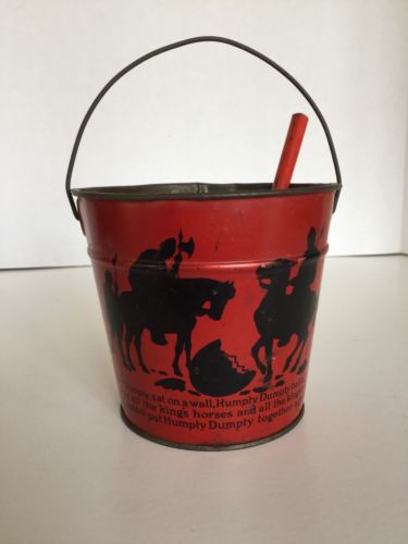 Vintage Tin Litho Sand Pail Graphics Humpty Dumpty Nursery Rhyme, Silhouette