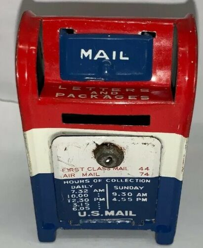 Vintage Tin U.S. Mail Box Collection Box Red White Blue Toy --- Made in Japan