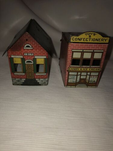 Antique Vintage Litho Tin Confectionery Candy Container Brick School Toys lot