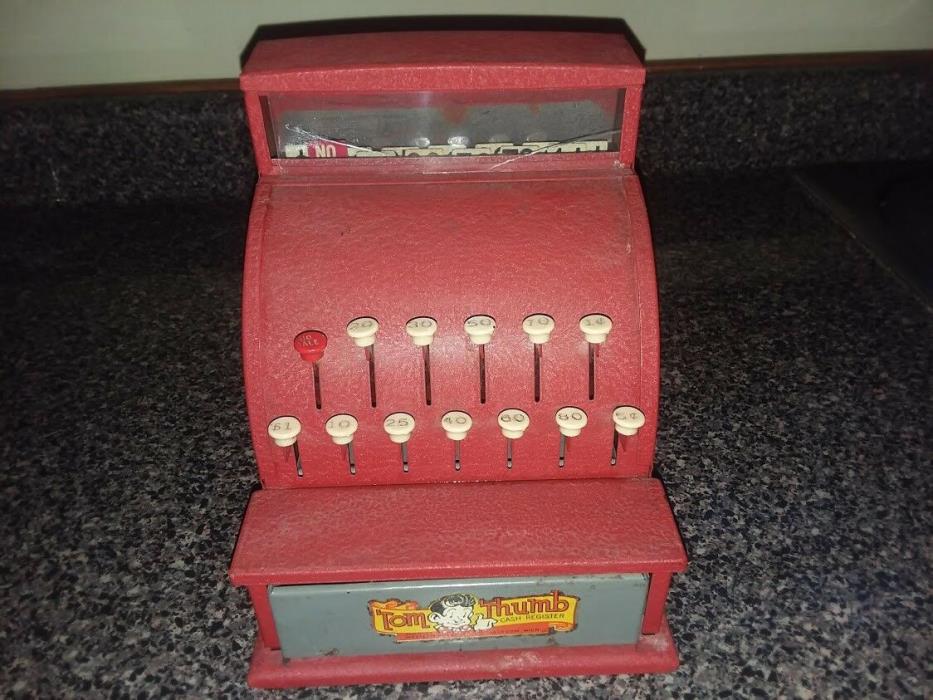Vtg 1950's Red Kids Tom Thumb Toy Cash Register Tin Metal Western Stamping Co