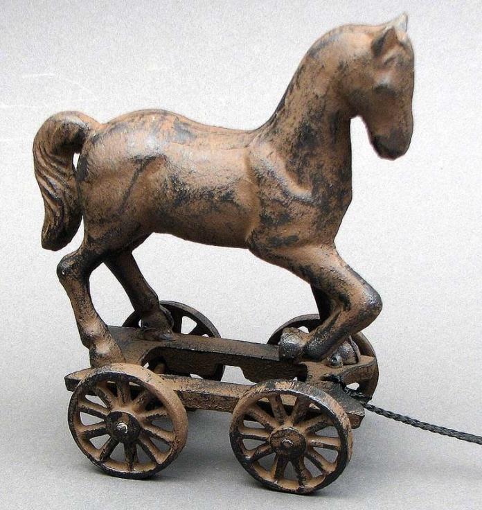 VIntage Rustic Cast Iron Pony Horse Pull Toy On Wheels Victorian-Replica