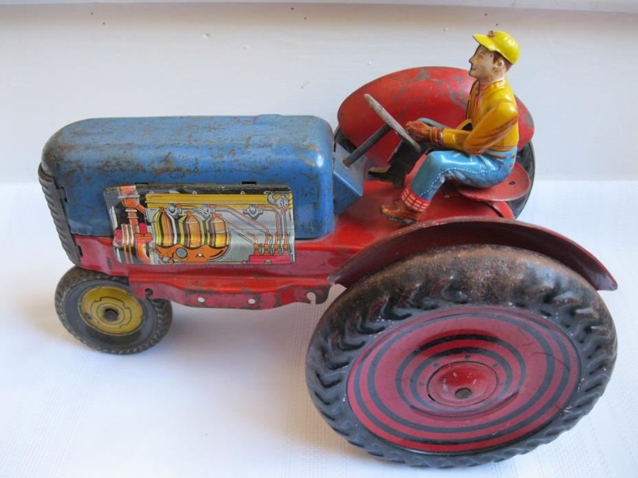 Vintage Tin Toy Farm Tractor with Driver