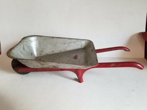 Marx Wyandotte Pressed Steel Toy Wheelbarrow 1940'S  Wooden Wheel Silver/Red