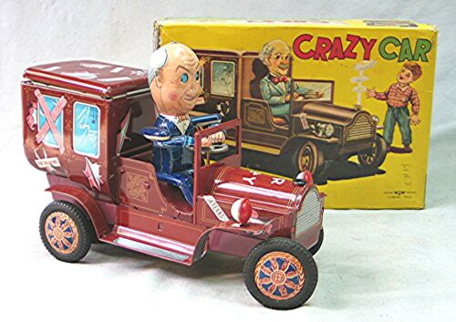 Vintage Tin Battery Operated Crazy Car with Box -- Made in Japan
