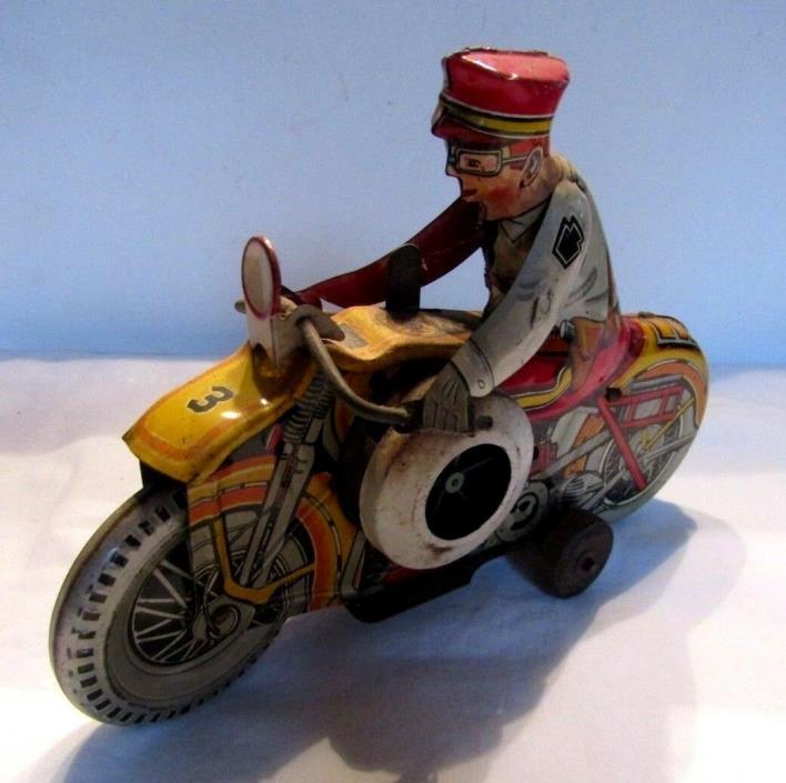 Vintage  MARX ROOKIE COP Police Motorcycle  with Siren Wind Up Tin Toy