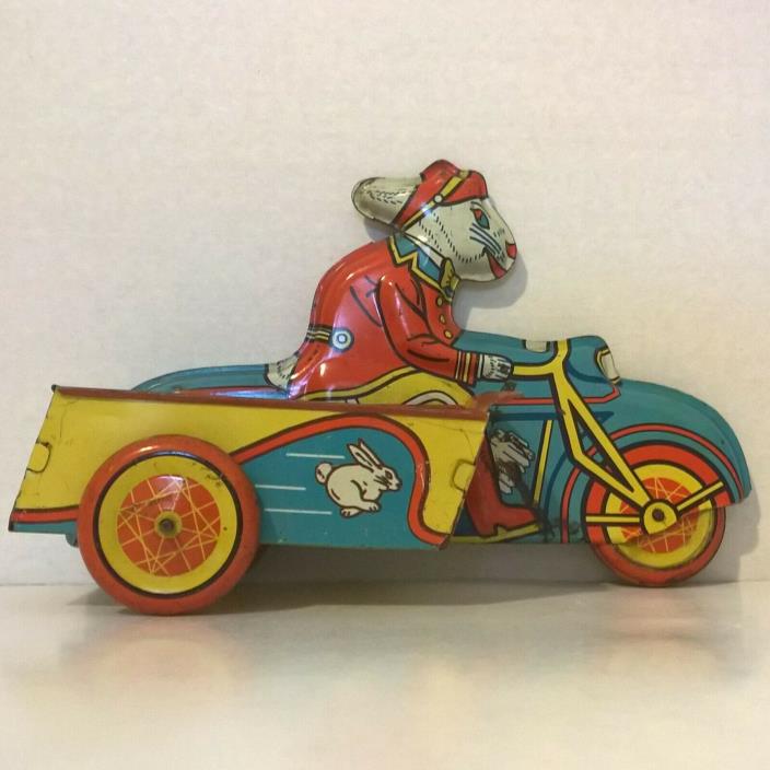 Vintage Wyandotte Happy Easter Bunny Delivery Tin Motorcycle with Sidecar  1950s
