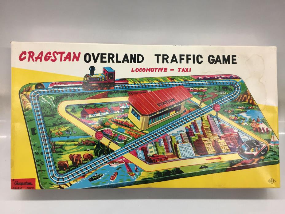 Cragstan Overland Traffic Game - Rare 1960's Tin Windup Car & Train #3018-2