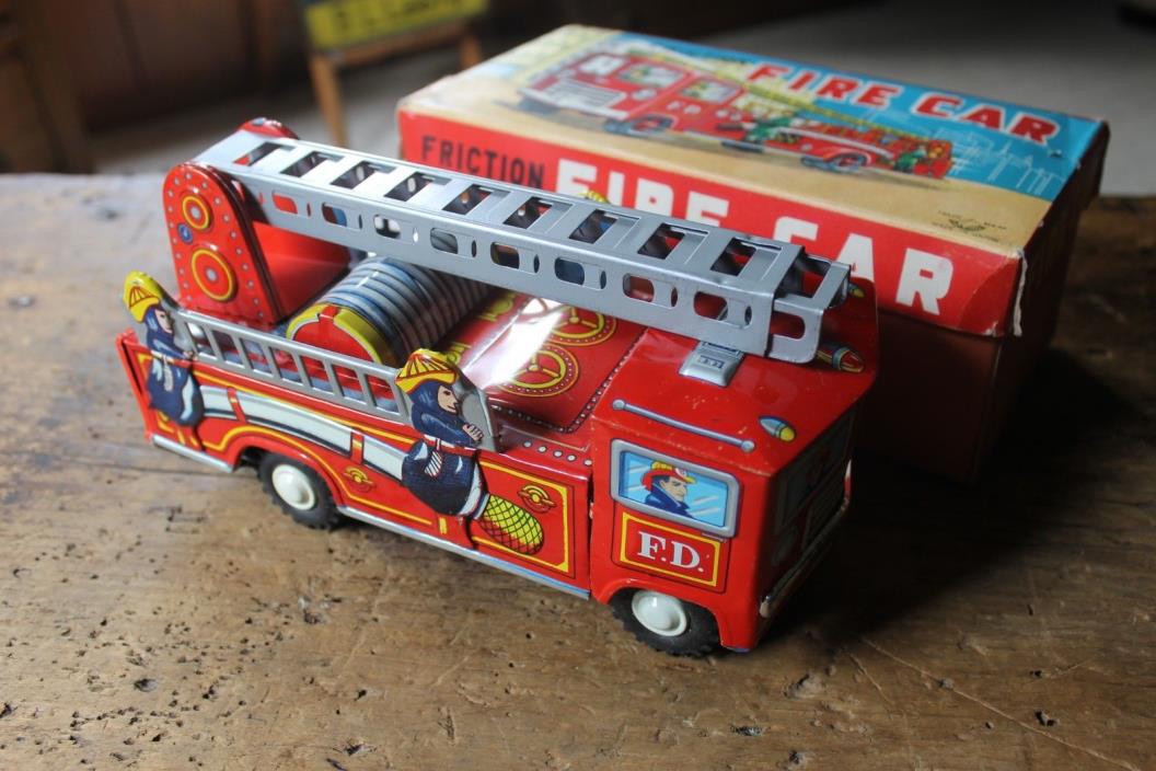 Vintage Tin Friction Fire Truck with Original Box,  Japan