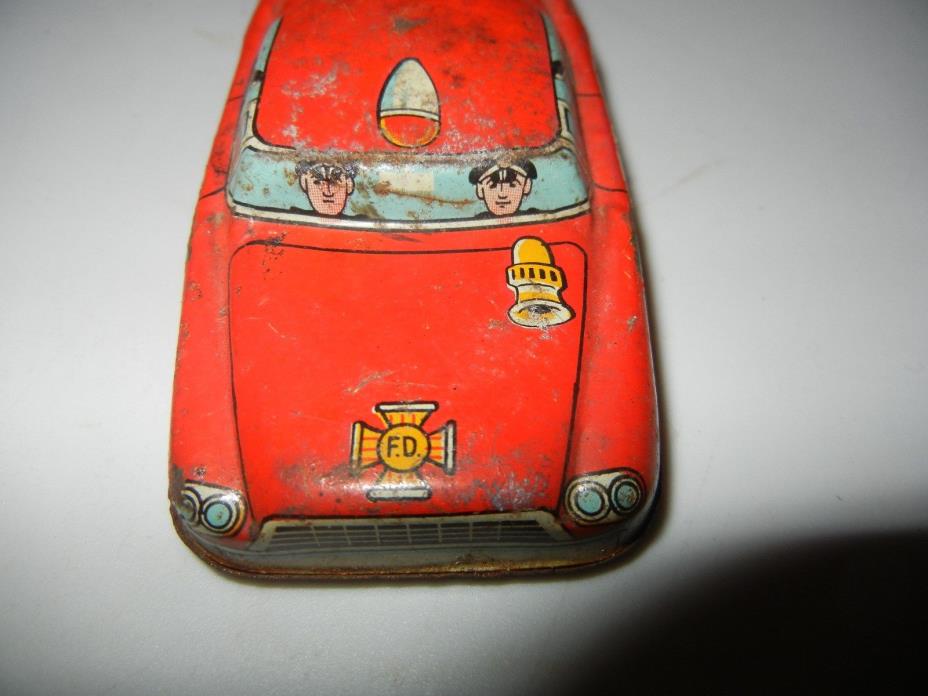 Vintage Tin Litho FIRE DEPARTMENT CAR 2 Wheels Friction Powered ? Painted Men