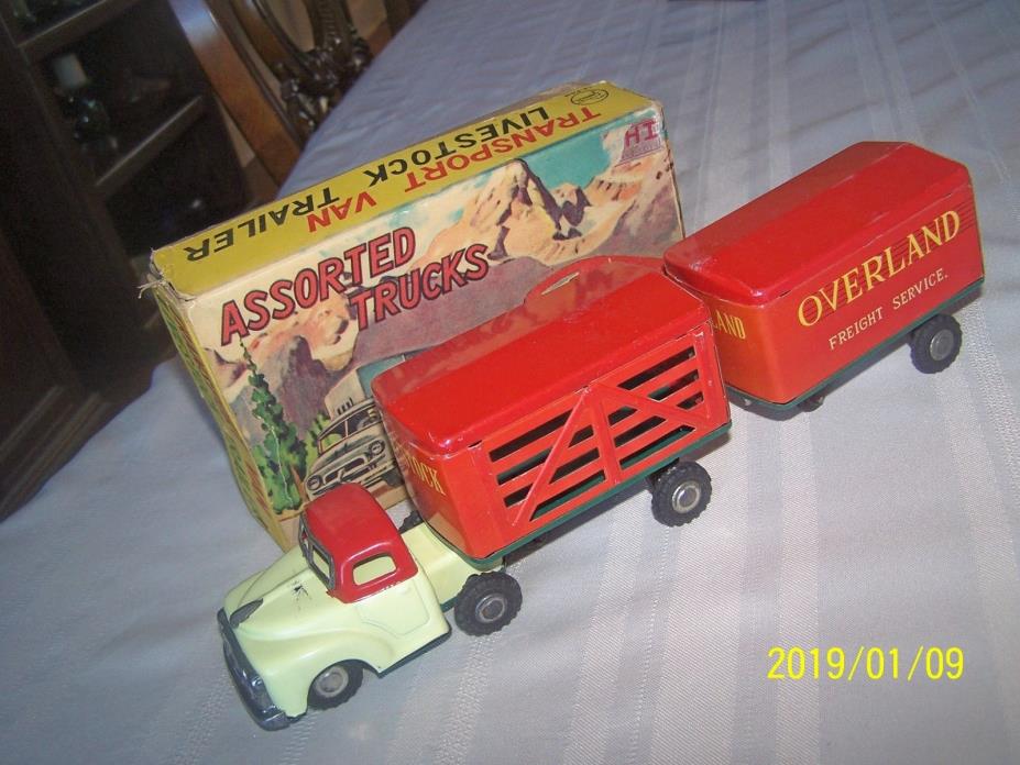 GAMAICHI JAPAN TRUCK TIN FRICTION TOY LIVESTOCK TRAILER & TRANSPORT VAN BOXED