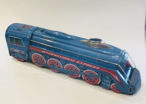 VINTAGE BLUE INTERNATIONAL EXPRESS TIN FRICTION TOY TRAIN WITH SOUND