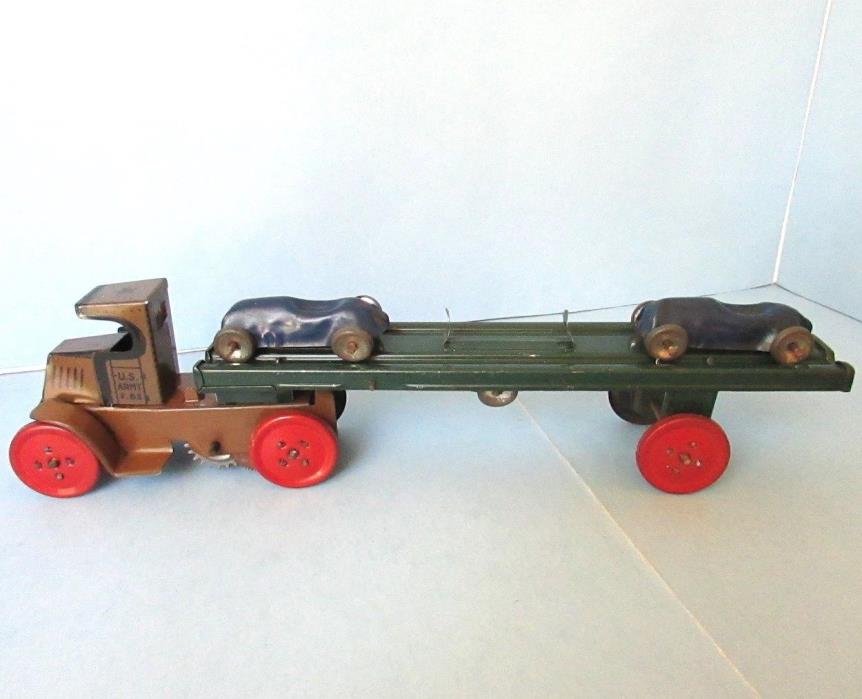 Tin MARX US Army Toy TRUCK Car Carrier Hauler Transport Windup C-Cab Vintage