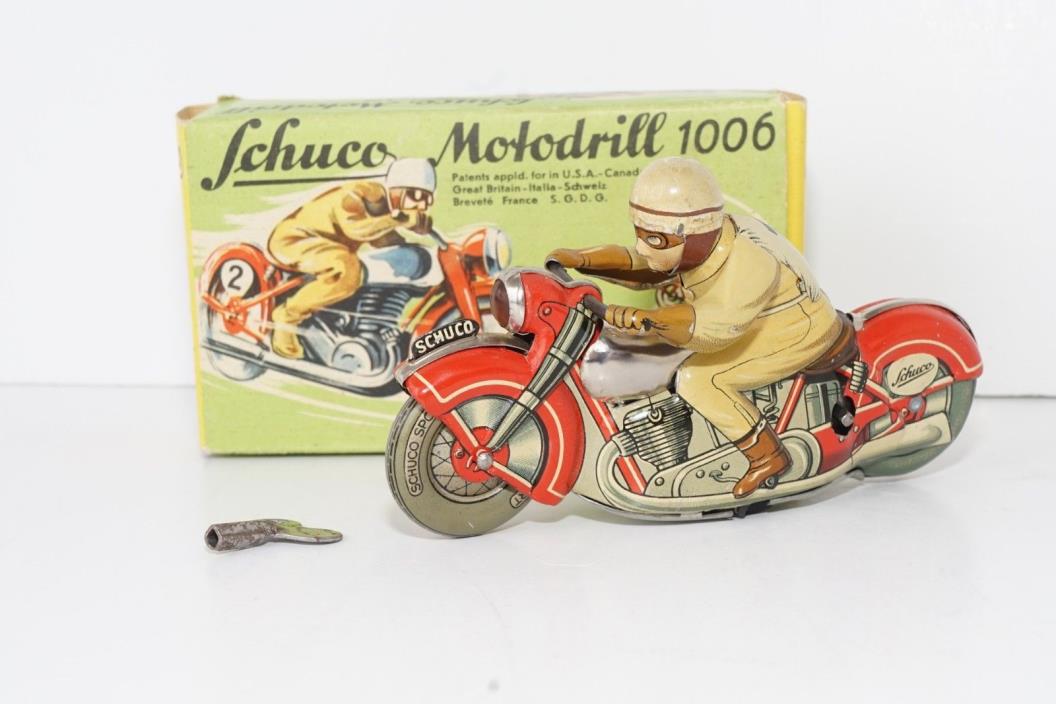 Vintage SCHUCO motodrill 1006 Motorcycle Tin Litho WindUp Toy