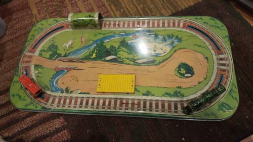 Vintage Tin Railroad and 2 Trains and 1 flat bed